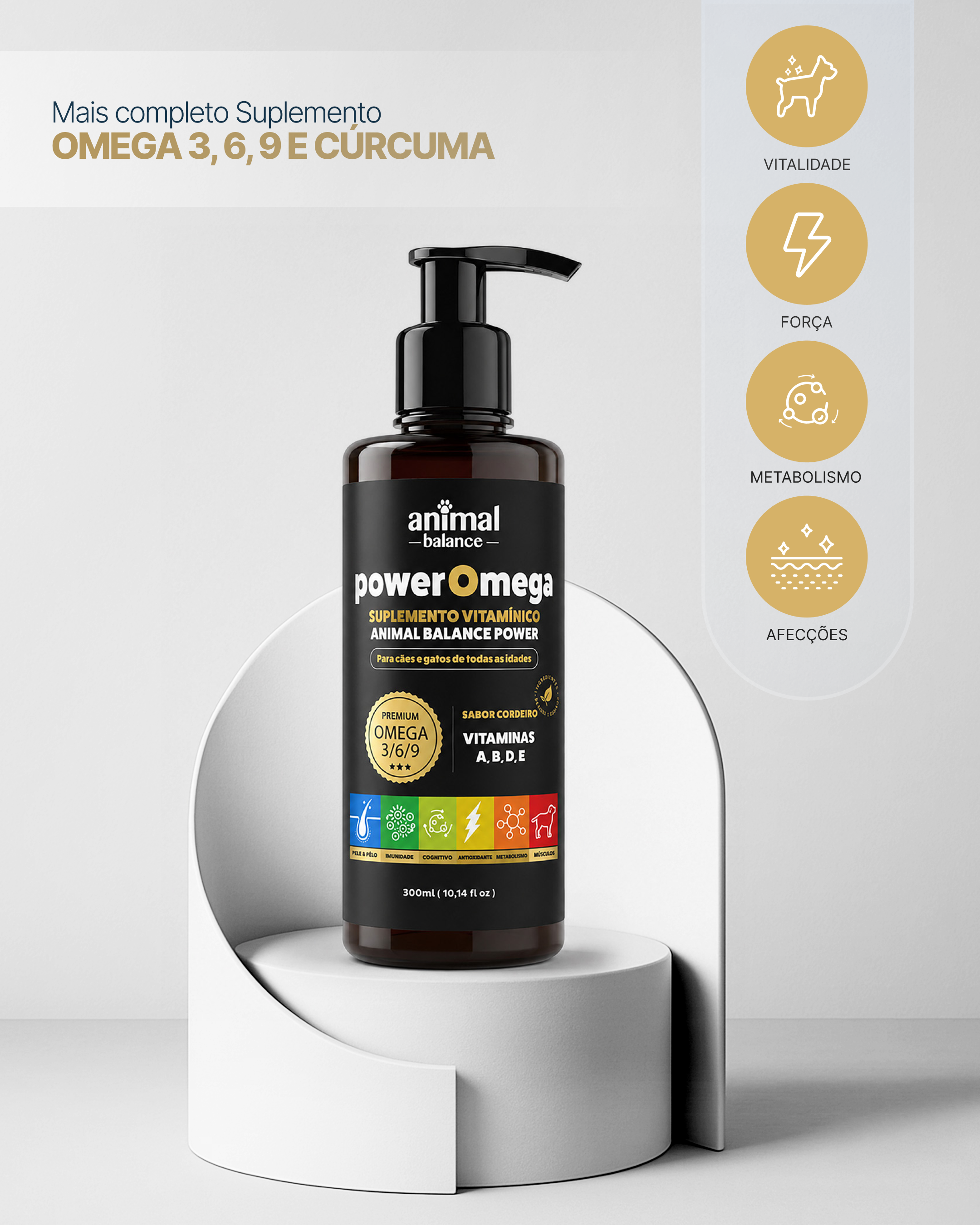 PowerOmega 3, 6 e 9 + Cúrcuma - Suplemento Vitamínico, Sabor Cordeiro 300ml - 1 und