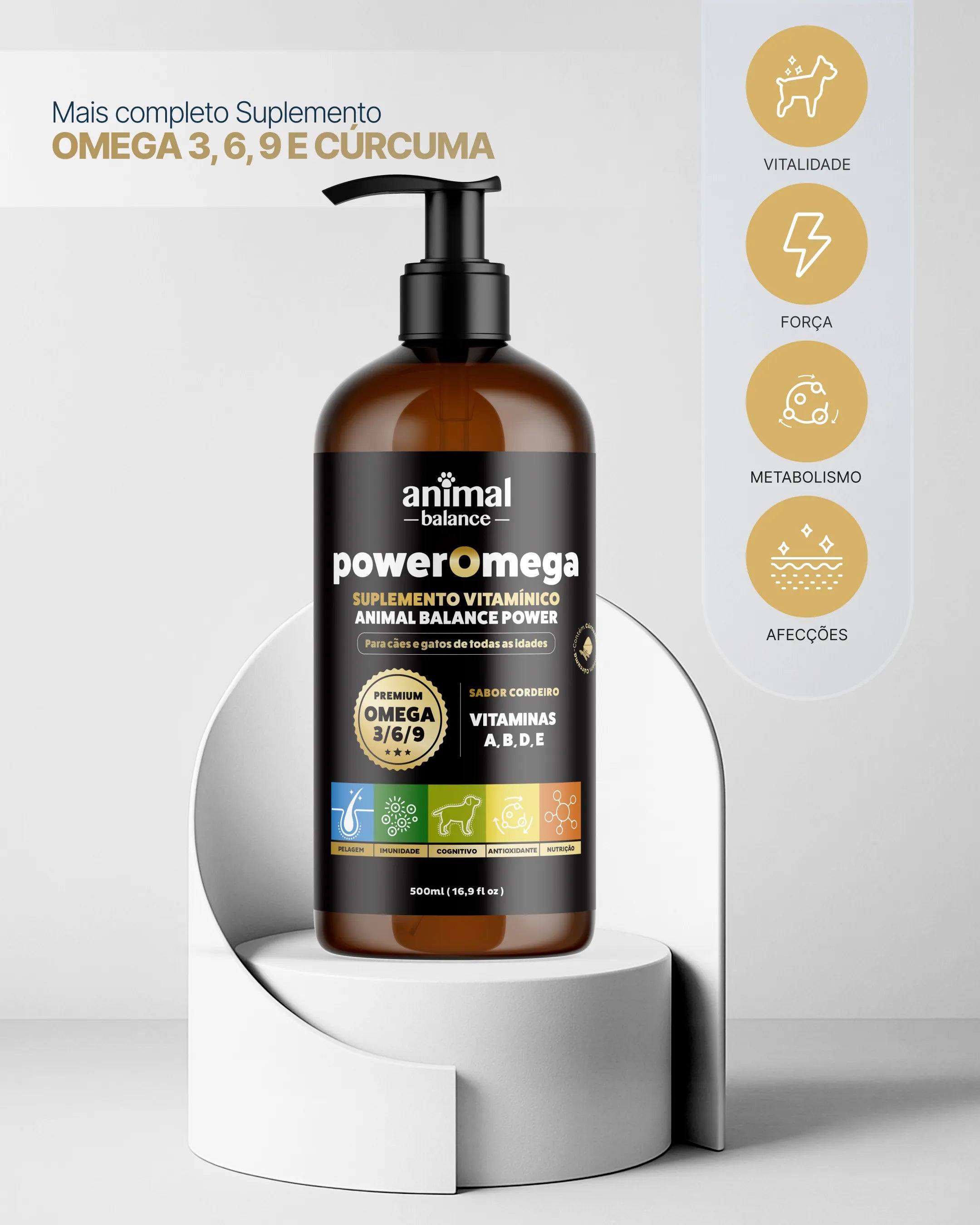 PowerOmega 3, 6 e 9 + Cúrcuma - Suplemento Vitamínico, Sabor Cordeiro 500ml - 1 und