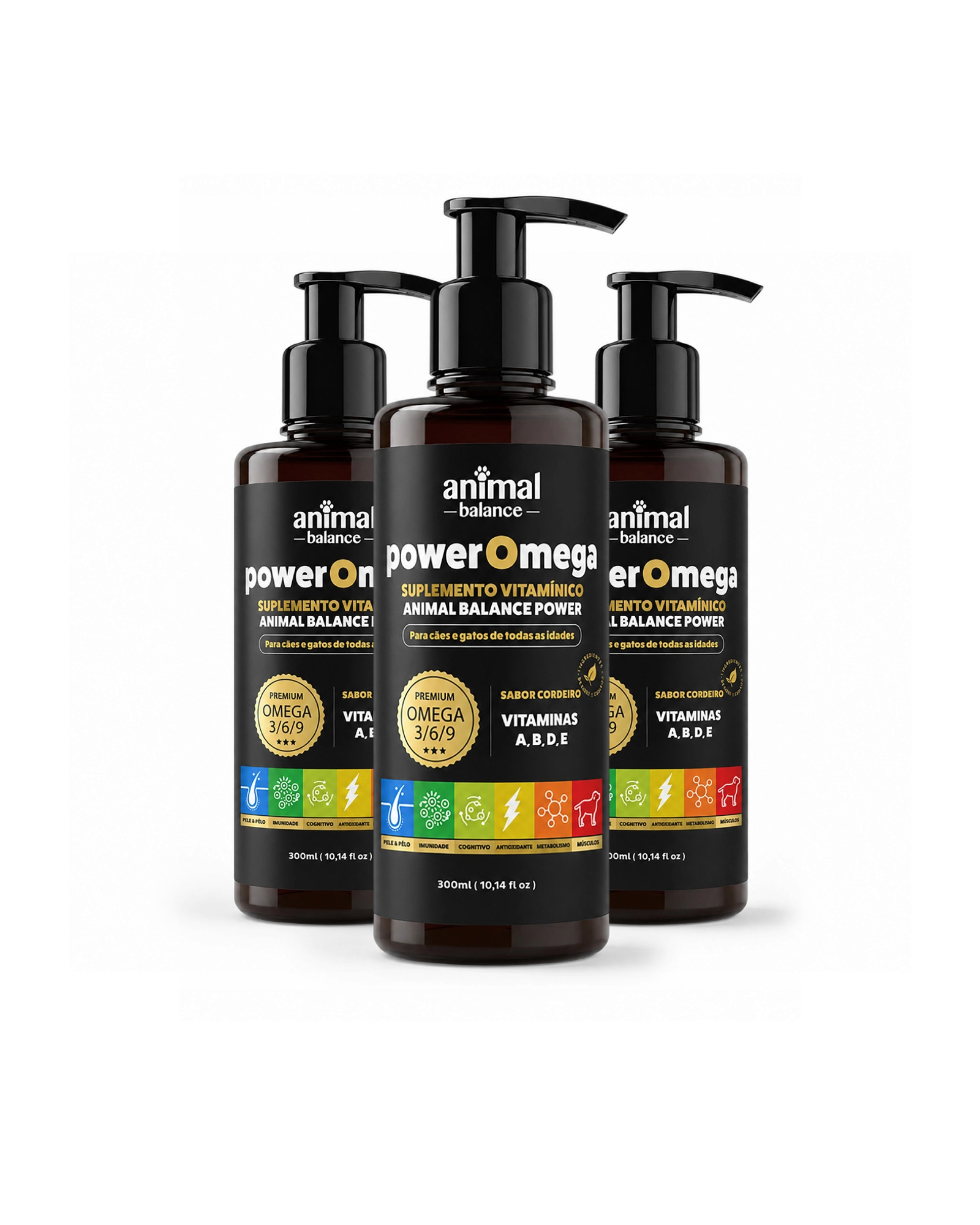 PowerOmega 3, 6 e 9 + Cúrcuma - Suplemento Vitamínico, Sabor Cordeiro 300ml - 3und