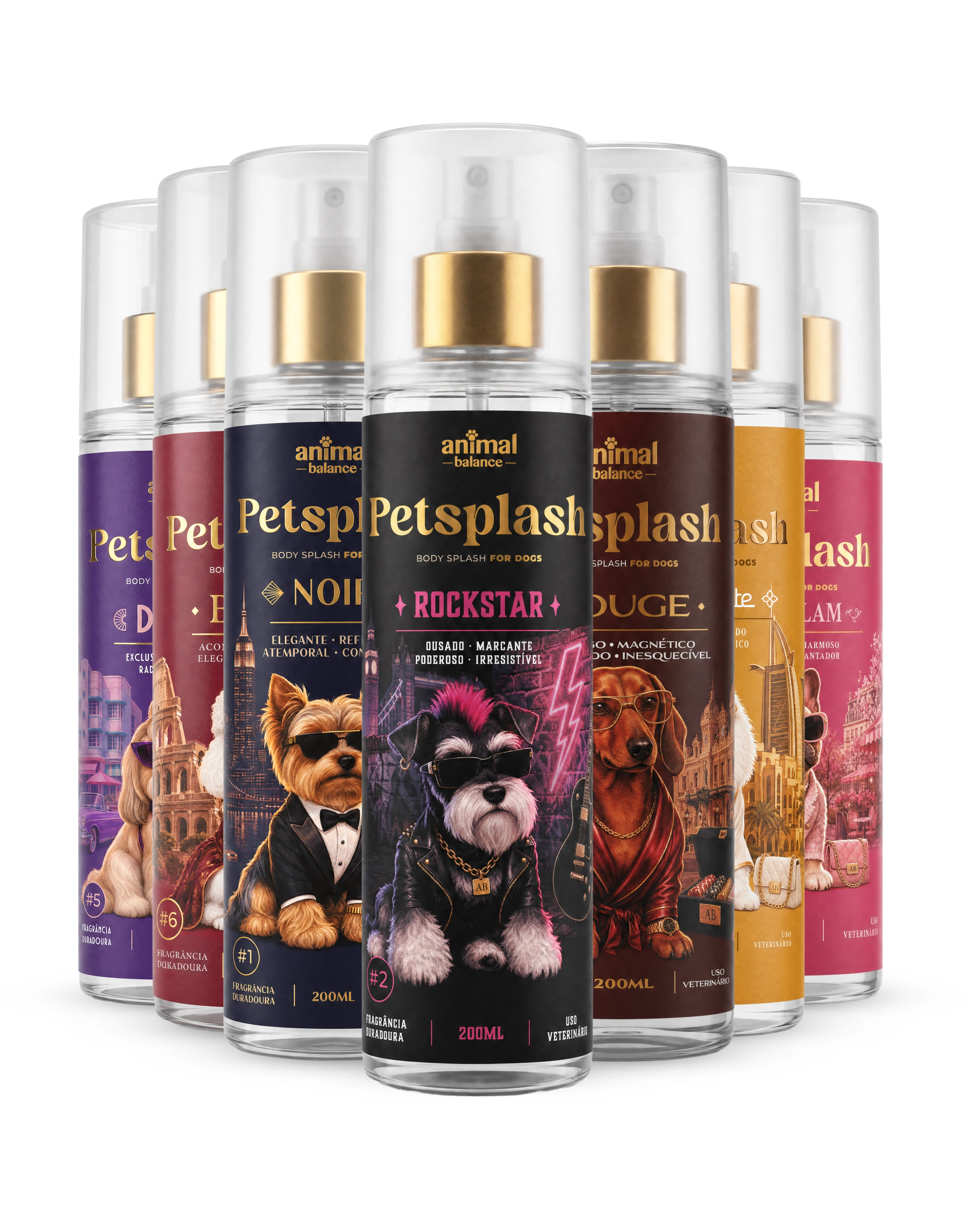 Kit Petsplash Coleção Volta ao Mundo da Animal Balance com os body splash Noir, Rockstar, Pink Glam, Luxe White, Divine, Belle e Rouge de 200ml
