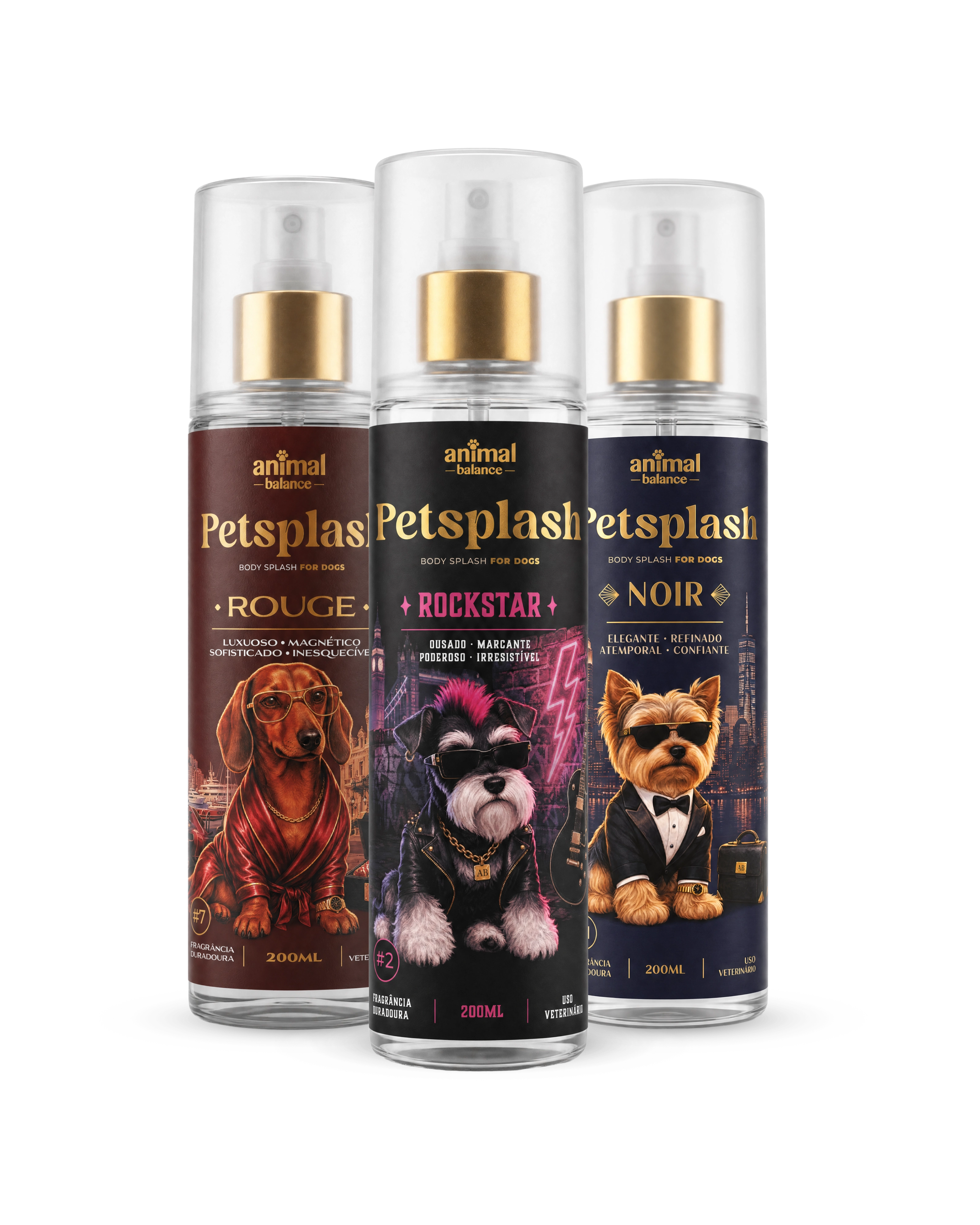 Kit Petsplash Trio Atitude da Animal Balance com os body splash Noir, Rockstar e Rouge de 200ml