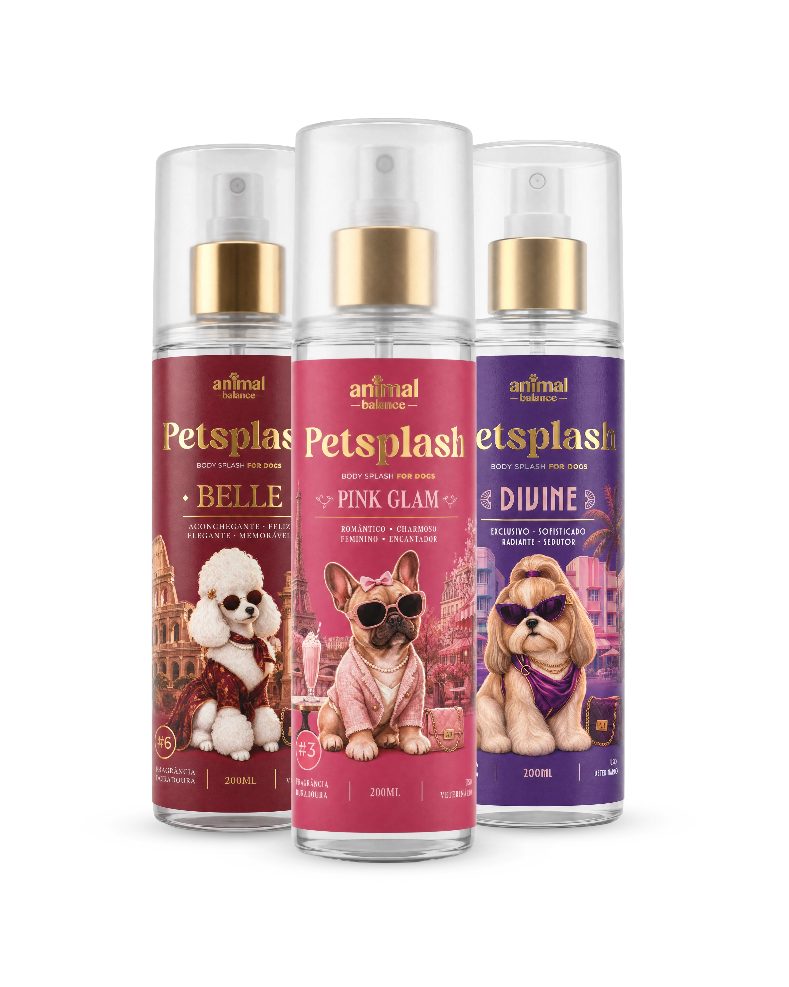 Kit Petsplash Trio Divas da Animal Balance com os body splash Pink Glam, Divine e Belle de 200ml