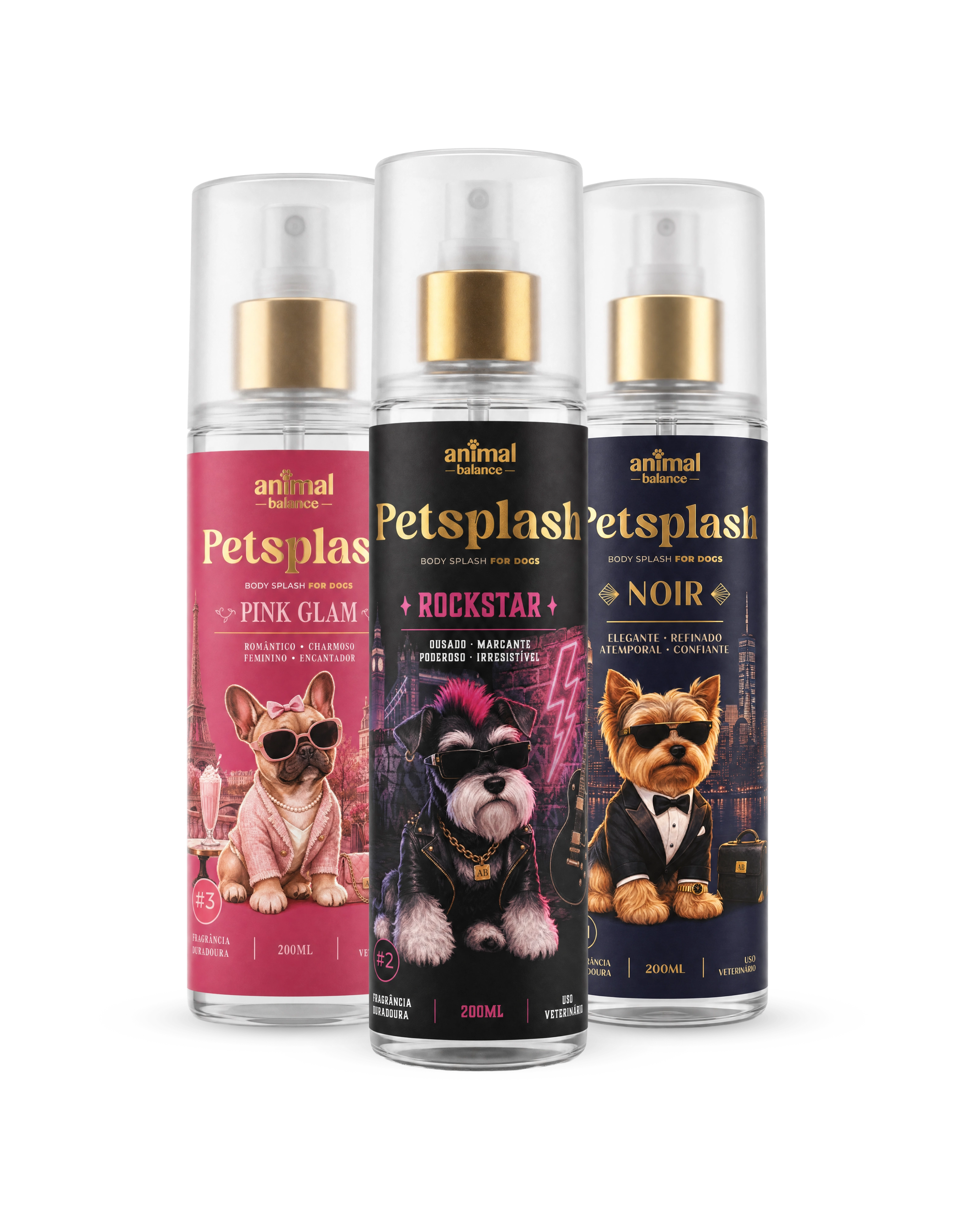 Kit Petsplash Trio Fashion Week da Animal Balance com os body splash Noir, Rockstar e Pink Glam de 200ml
