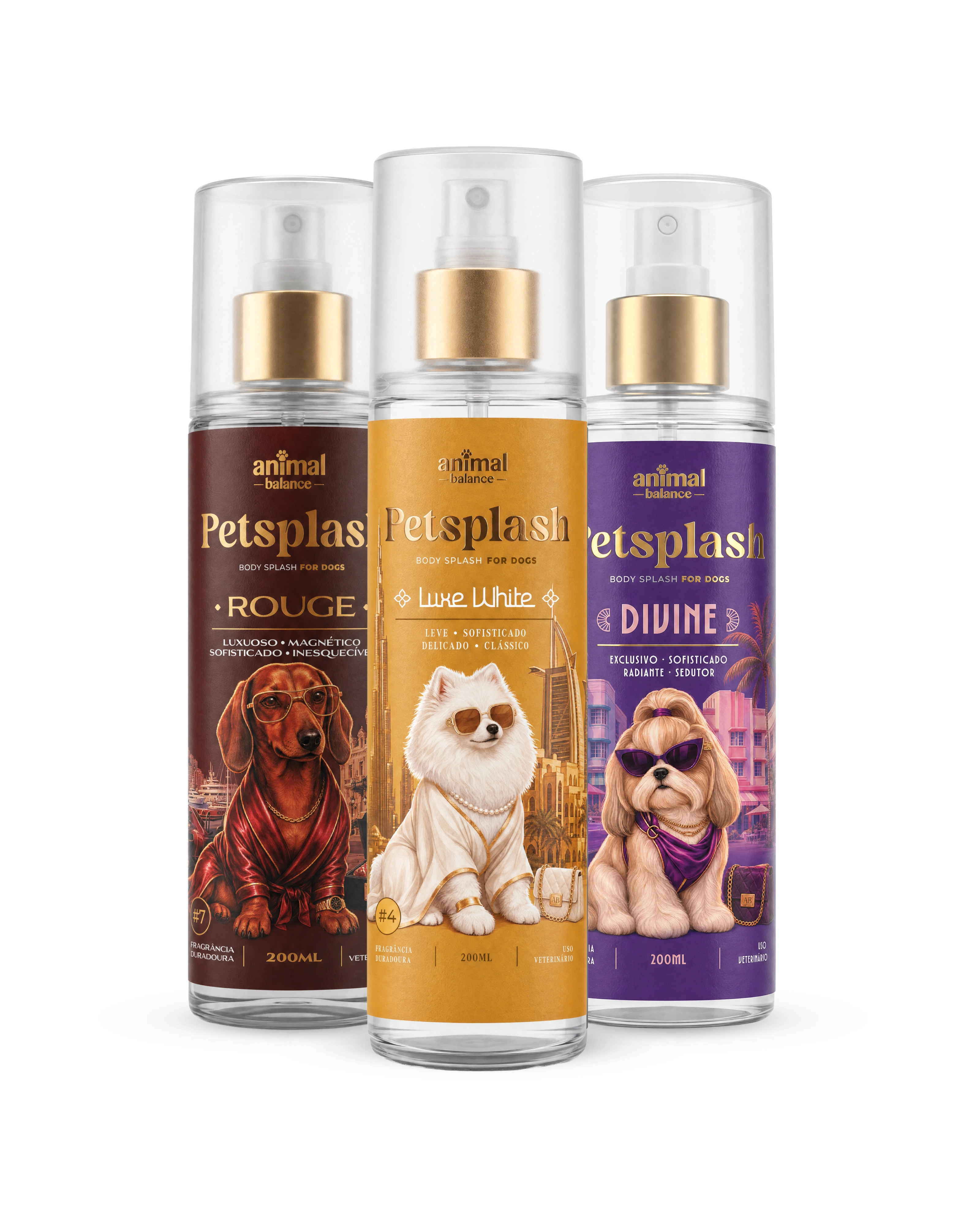 Kit Petsplash Trio Primeira Classe da Animal Balance com os body splash Luxe White, Divine e Rouge de 200ml